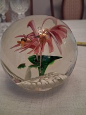  Large Art Glass Lampwork Paperweight Bees Over a Pink Flower with Frogs