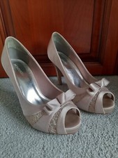 MONSOON Satin & Lace Peep Toe Shoes, Wedding, Size 38, Neutral Taupe/musk pink