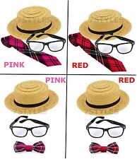 SCHOOLGIRL FANCY DRESS COSTUME ST TRINIANS STRAW BOATER HAT GEEK GLASSES TIE SET