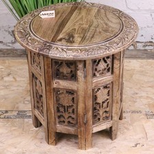 Jenari Medium Mango Wood Side Table Leaf Carving Home Decor End Coffee Boho