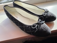 CHANEL Denim Quilted Grosgrain Cap Toe Ballerina Flats 37 Black