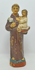 Antique Terracotta Saint Anthony Jesus Figurine Original Old Painted Clay Statue
