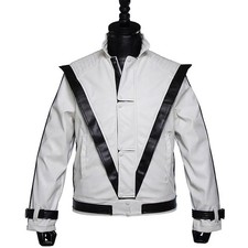 Men's Thriller Michael Jackson White Black Real Leather Biker Party Retro Jacket