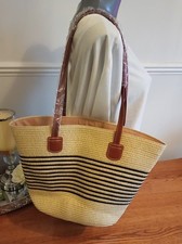 Beige Black Straw Tote Bag Zip