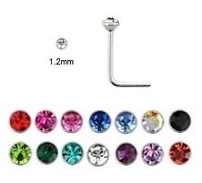 Nose Stud 925 Silver - 0.6mm Thin Bar - L SHAPE with aTiny Micro Crystal 1.2mm