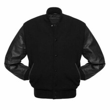 Letterman Baseball Varsity Bomber Jacket  In Black Color Wool & Leather Sleeves