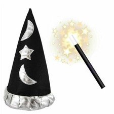 Wizard Hat & Wand Kit Magic Black Silver Witch Merlin World Book Day Fancy Dress