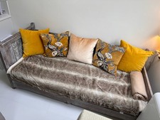 CHARMING ANTIQUE 1800S INDIAN WHITEWASHED CARVED OPIUM BED +FREE THROW, CUSHIONS