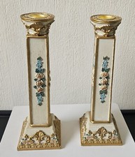 Ornate Vintage Pair Of Candlesticks Pedestal Column Resin Gold Floral  9" Tall
