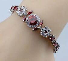 Sterling Silver Lab-Created Red Garnet  White Topaz Tennis Gemstone Bracelet