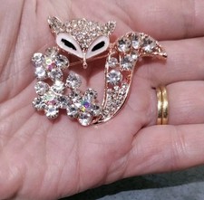 Costume Vintage Style Rhinestone Fox Brooch, Gold Tone, Aurora Borealis Shine