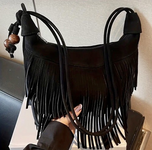 New black fringed faux - faux, suede