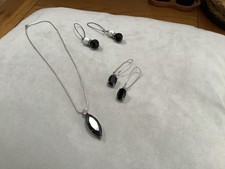 Wallis Pendant And Earrings Set Silver Tone And Black stones 