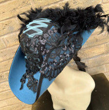 Blue Black Tricorn Pirate Hat Renaissance Feathers Corset Sequins 57cm (10)
