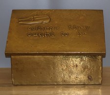 Antique Arts & Crafts Brass Fireside Slipper Box "Where they ought to be"