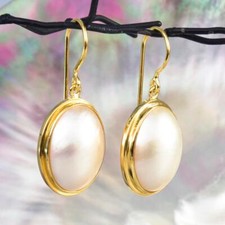 Earrings White Mabe Pearl Oval & 18K Gold Vermeil over 925 Sterling Silver 5.34g