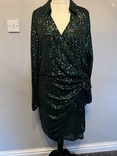 UK 18 Emerald Green Sequin Dress Long Sleeve Party Cocktail occasion from F&F