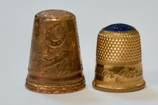 Pair Unusual Vintage Thimbles, Glass Topped Paris Expo 1937, + Engraved Copper