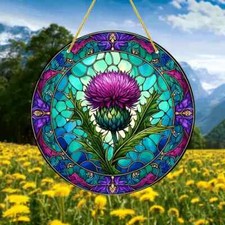 Thistle Purple Scottish Flower Green Suncatcher Stained Glass Effect Gift