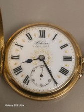 Solidor Swiss 18ct Gold Pocket Watch. Press-Button Case, Engraved Dial 1966