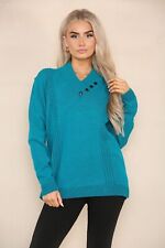 Women's Ladies Long Sleeve V Neck Cable Neck Knitted Jumper 4 Button Sweater New