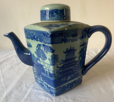 Blue Willow Square Oriental Large Teapot with Lid, Victoria Ware Ironstone Mark
