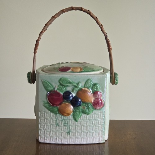 Vtg biscuit jar fruit - &, basket