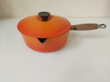 Le Creuset Saucepan 20 Orange with Lid Cast Iron Pot Teck Wooden Handle France