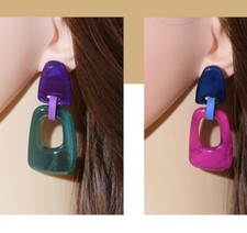Womens Colour Block Acrylic Resin Drop Dangle Funky Boho Retro Earrings Jewelry