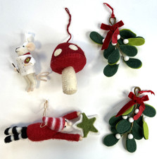 5 x Felt Christmas Tree Decorations Bundle Toadstool Mistletoe Santa Mouse