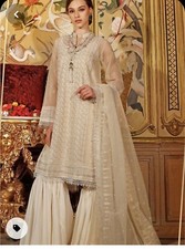 Womens Gul Ahmed premium collection Ivory Organza Salwar Kameez UK 14 Large New