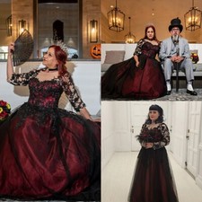 Gothic Plus Size Wedding Dresses Black Lace Long Sleeves A Line Red Bridal Gowns