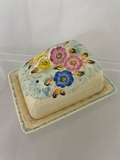 Vintage 30's Art Deco Arthur Wood Basket Weave Floral Covered Butter Dish