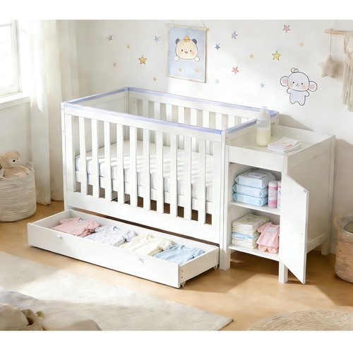 White baby cot - teething, rails