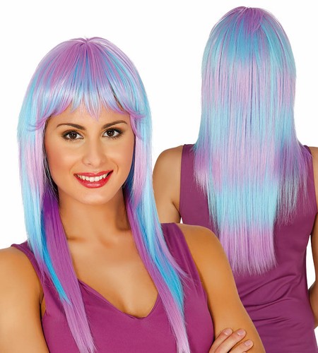 Pink blue straight wig - pink, &