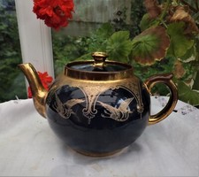 Burslem Teapot G&S Albany & Harvey   Deep Blue & Golden Cranes Oriental Antique