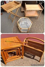 Vintage Retro Bamboo Rattan Nest Tables Boho Plant Tray Rack Coffee Furniture