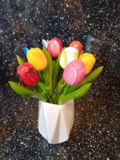 Wooden tulips x 9 handmade/handpainted in ceramic vase