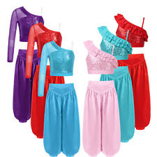 Kids Girls Belly Jazz Latin Ballet Dance Sequin Ruffle Crop Tops with Pants Set