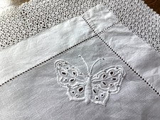 Vintage White Linen & Lace Table Centre Tray Cloth Butterflies 60x63cms