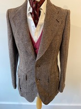 VTG mens 70's RARE BROWN HERRINGBONE SILK & WOOL RETRO hacking SPORTS JACKET 38"