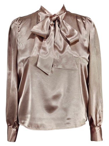Khaki glossy satin pussybow