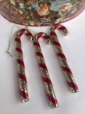 3 DELIGHTFUL JOHN LEWIS GLASS RED & GOLD GLITTER CANDY CANES