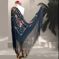 Huge Spanish Flamenco Manton Manila Embroidered Silk Floral Piano  Shawl 