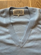 Maison Margiela Men's Knit Light Blue Jumper XL With Silver Suede Elbow Patches