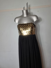 RRP £275 FOREVER UNIQUE BLACK GOLD EVENING BALL GOWN SEQUIN MAXI DRESS NEW UK 10