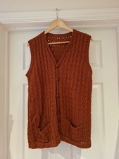 Handmade Cardigan Rust Brown Cable Knit Wool Sleeveless Waistcoat UK Size Medium
