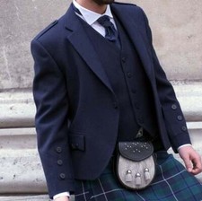 Men's Navy Blue Wool Kilt Jacket With Waistcoat Argyle Wedding Kilt Jacket