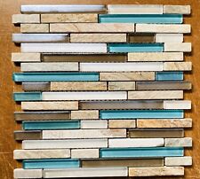 Luxurious fine cut blue white brown glass and beige rough stone mosaic sheet