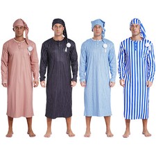 UK Men Sleep Shirt Nightgown Striped Big Sleepwear Long Sleeve Nightshirt andCap